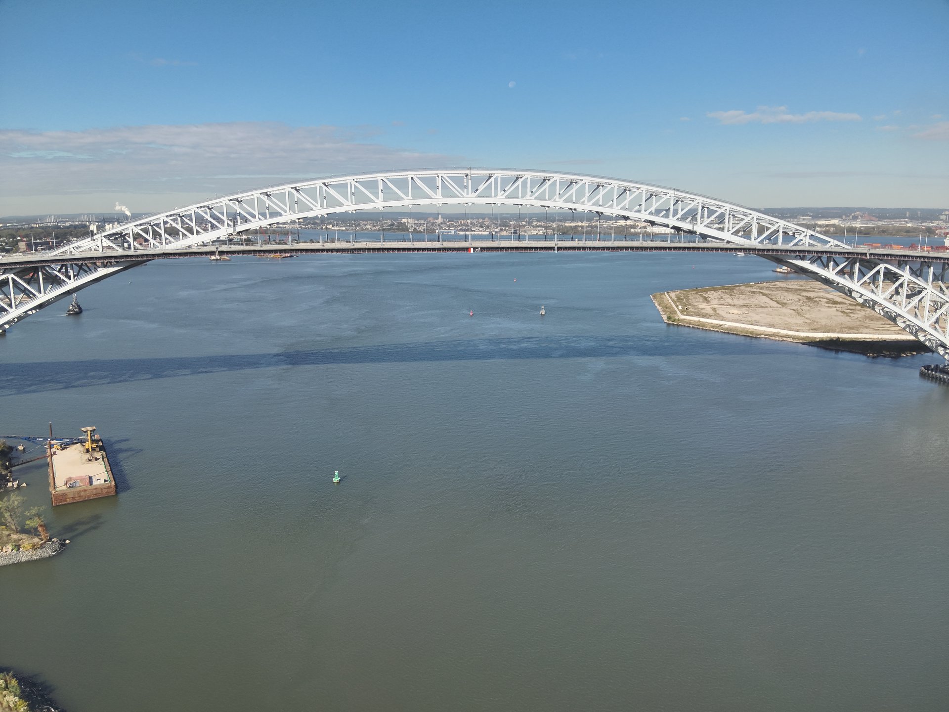 Aerial drone view of Bayonne Bridge steel arch in Bayonne, New Jersey